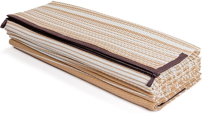 FH Home Outdoor Camping Rug - Waterproof, Fade Resistant, Reversible - Premium Recycled Plastic - Striped - Large Patio, Deck, Sunroom, RV - Havana - Beige - 9 x 18 ft Foldable