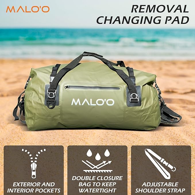 Malo'o 3-in-1 Wetsuit Changing Bag – Integrated changing mat, wetsuit watertight carry bag and XL 60 Liter Roll-Top Dry Bag. Surfing, Paddle-Boarding