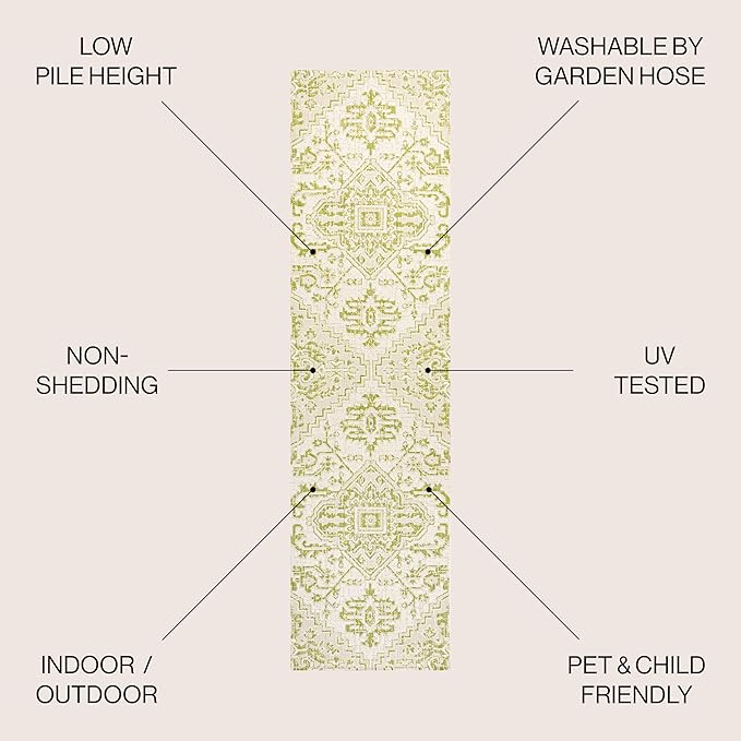 JONATHAN Y SMB105E-28 Estrella Bohemian Medallion Textured Weave Indoor Outdoor Runner Rug, Coastal Traditional Easy-Cleaning,Bedroom,Kitchen,Backyard,Patio,Non Shedding 2 X 8, Cream/Green