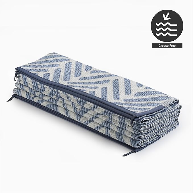 FH Home Outdoor Camping Rug - Waterproof, Fade Resistant, Reversible - Premium Recycled Plastic - Herringbone - Large Patio, Deck, Sunroom, RV - Fresno - Light Blue - 4 x 6 ft Foldable