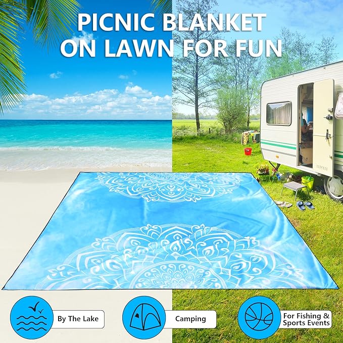 Beach Blanket Waterproof Sandproof Beach Mat 79" X 83" /10'x9'for 2-8 Adults Quick Drying Outdoor Picnic Mat Beach Accessories for Travel, Camping, Hiking