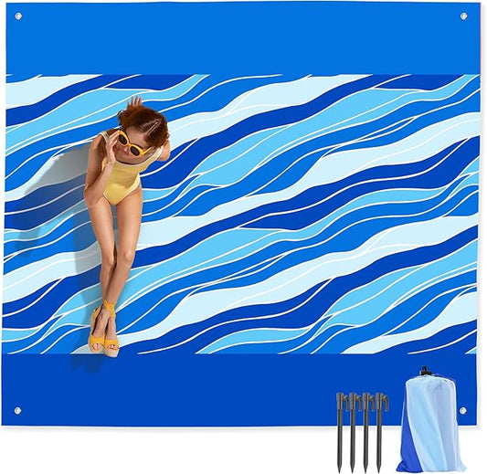 Mooreeke Beach Blanket Extra Large Oversized 9 x 11 ft, Blue Waves Sandproof Waterproof Quick Drying Lightweight Compact Outdoor Blanket Beach Mat for Family Travel Camping Picnic, 1-8 Adults