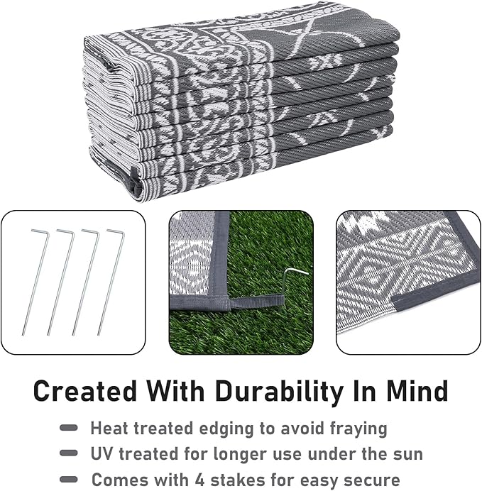 HiiARug Outdoor Rug 9'x18' for Patios Clearance, Reversible Outdoor Plastic Straw Waterproof Camping Carpet, Large Area Rugs Patio Mats for Outside RV, Camper, Deck, Porch, Beach, Picnic, Grey&White