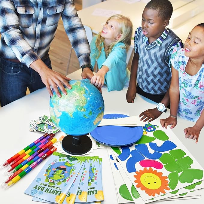 Cinrobiye 72 Pcs Earth Day Party Favors Gifts，Save the Planet Coloring Books with Stacking Crayons，Earth Party Crafts DIY Kit，Travel Party Stickers World Environment Day Decorations for Classroom