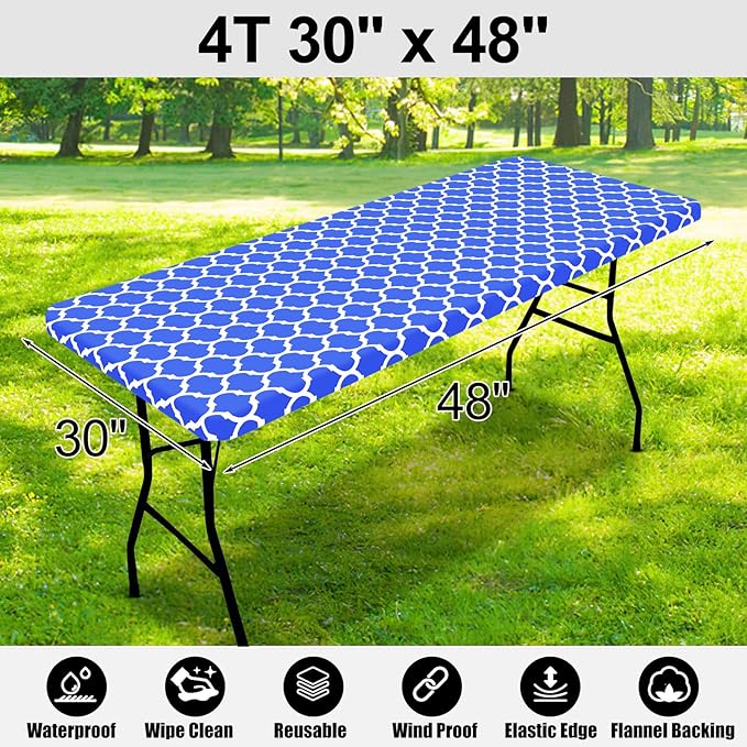 Smiry Rectangle Picnic Table Cover, Waterproof Elastic Fitted Camping Tablecloths for 4 Foot Tables, Wipeable Flannel Backed Vinyl Tablecloth Protector for Indoor, Outdoor (Blue, 30x48 Inches)