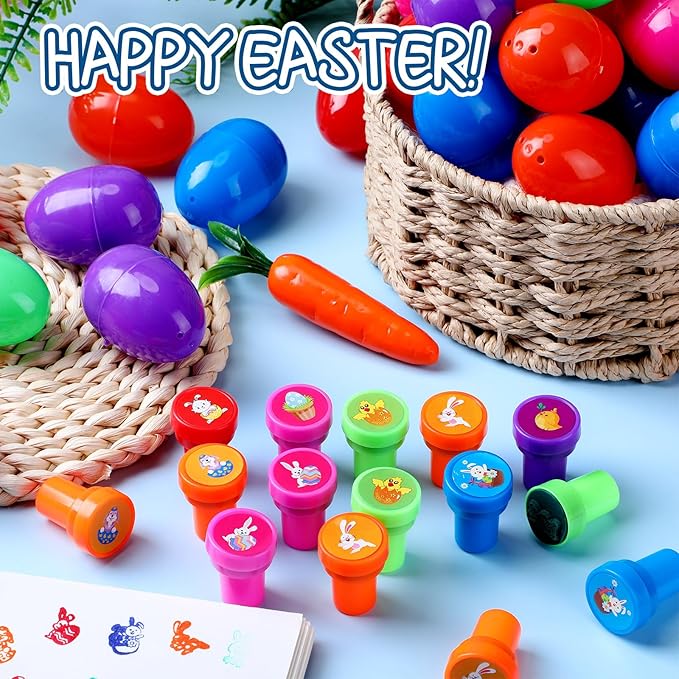 48 Pcs Easter Gifts for Kids Easter Basket Stuffers Easter Eggs Filled Assorted Easter Stamps Plastic Easter Stamp Kit for Kids Self Inking Stamps Gift Basket Filler Easter Hunt Prizes