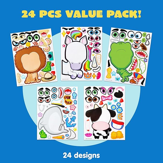 JOYIN 24PCS 9"x6" Make a face Stickers for Kids, Make Your Own Stickers, Mix and Match with Safaris Sea Farm and Dinosaur Animals, Party Favors Kids Crafts, Goodie Bags Stuffers