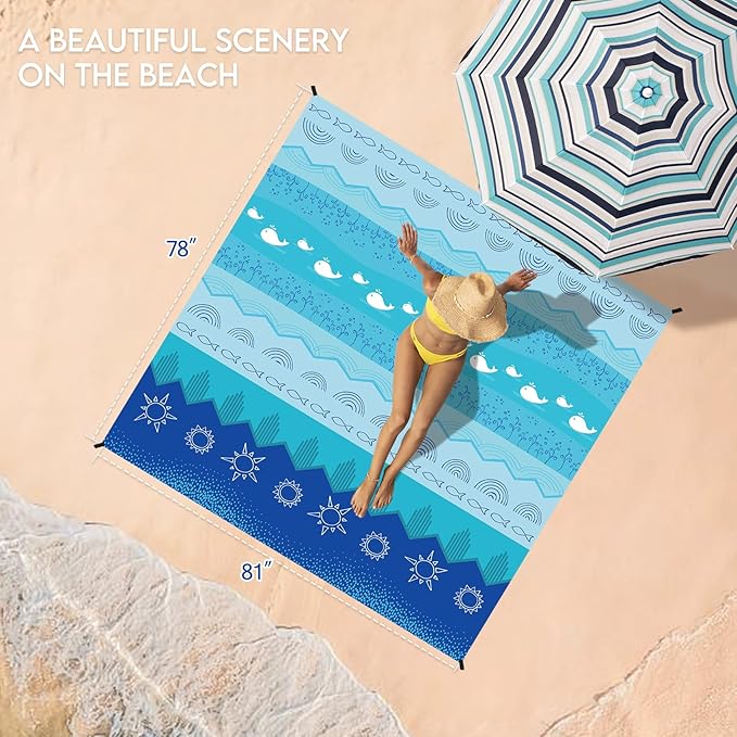BYDOLL Beach Blanket Waterproof Sandproof 78''×81'' 1-7 Adults Oversized Lightweight Large Picnic Mat Waterproof Sandproof Blanket for Beach