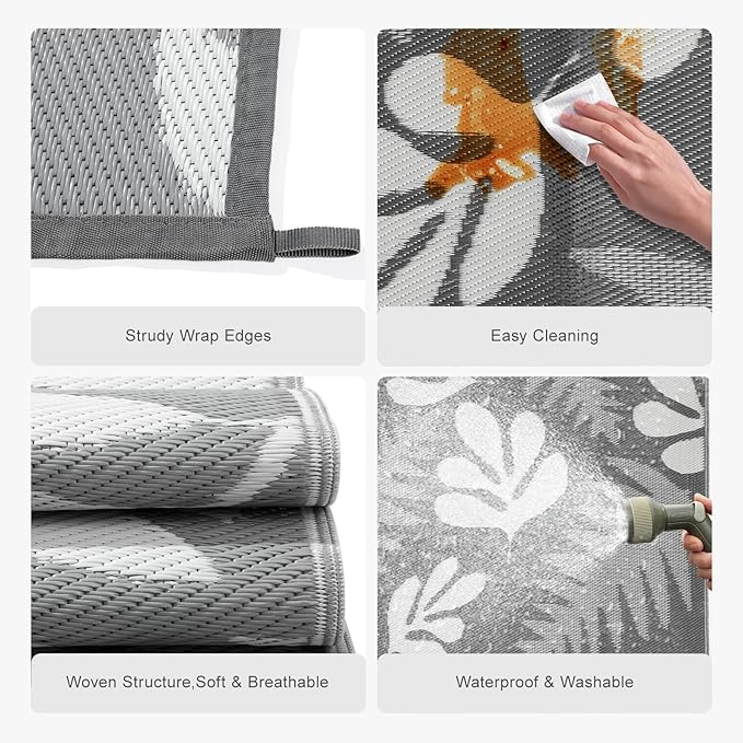 wikiwiki Outdoor Rug, 4x6ft Waterproof Reversible Mat Indoor Outdoor Rugs Carpet, Small Area Rug Plastic Straw Rug for Patio Deck Balcony Pool RV Camping Beach Picnic, Grey Leaves, Rugscape Series