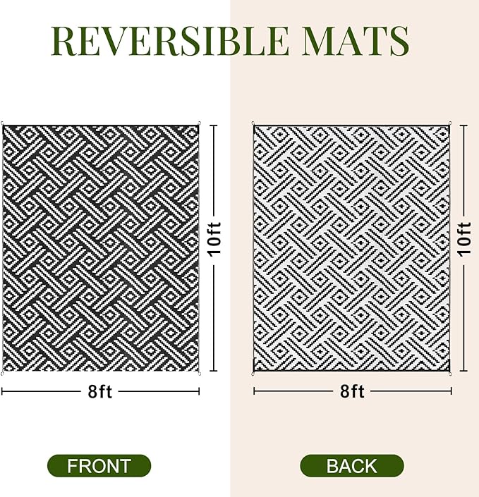 OPPODREAM Outdoor Rug 8x10 Patio Waterproof, Large Outdoor Plastic Straw Rug, Reversible Out Door Carpet for Camping, Deck, Rv, 8 x 10 Area Carpet for Balcony, Porch, Backyard, Black and White