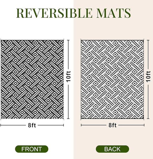 OPPODREAM Outdoor Rug 8x10 Patio Waterproof, Large Outdoor Plastic Straw Rug, Reversible Out Door Carpet for Camping, Deck, Rv, 8 x 10 Area Carpet for Balcony, Porch, Backyard, Black and White