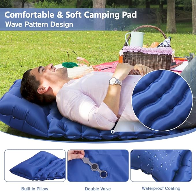 Sleeping Pad for Camping -Ultralight Inflatable Sleeping Mat with Pillow, Built-in Foot Pump, Compact & Lightweight Camping Mattress Pad for Camp, Backpacking, Hiking, Travel Tent