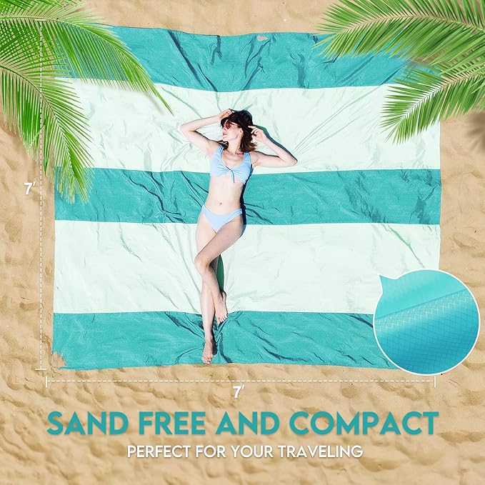 BYDOLL Nylon Beach Blanket Waterproof Sandproof Oversized 7'x7' Suits 1-5 Adults Sand Free Extra Large Blanket Lightweight Soft Picnic Mat for Beach Travel Camping