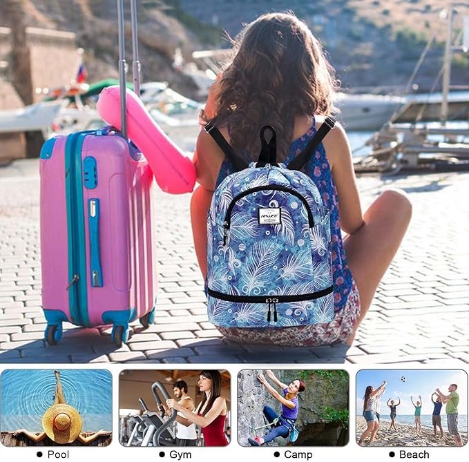 Dry Wet Drawstring Backpack with Shoe Compartment for Women Adjustable Gym Bag