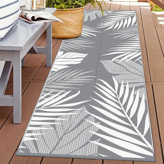 GENIMO Outdoor Rug 2.5' x 8' Waterproof for Patios Clearance, Reversible Outdoor Plastic Straw Hallway Runner Rug Carpet, Entryway Rugs Mats for Deck, Porch, Balcony, Camping, RV, Camper, Grey&White