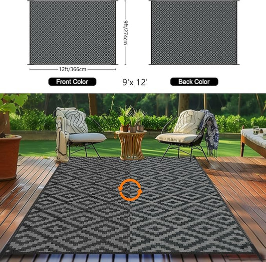 Outdoor Patio Plastic Straw Rug - 9'x12' Outdoor Camping Rug Waterproof Reversible, Area Carpet Patios Clearance RV, Outside Porch Balcony Deck for Camper, Black & Grey