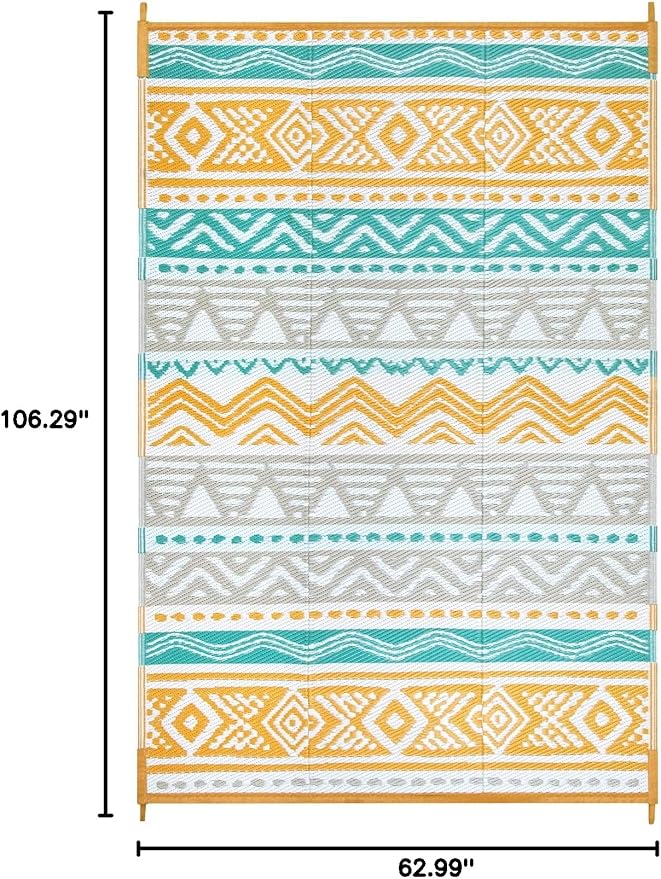 Lahome Waterproof Outdoor Rug 6x9, Reversible Outdoor Plastic Straw Rug for Camping, Large RV Outdoor Patio Rug, Outdoor Rugs Carpet for Porch Deck Backyard Balcony Picnic(Blue/Yellow,6'x 9')