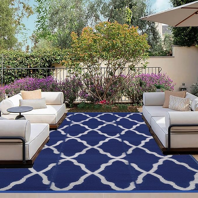 OutdoorLines Outdoor Plastic Area Rugs for Patio 4x6 ft - Reversible Outside Carpet, Stain & UV Resistant RV Mats, Straw Rug for Camping, Deck Garden, Porch and Balcony, Moroccan Navy & Light Grey