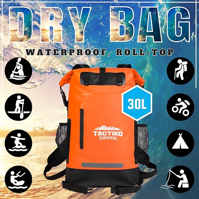 TACTIKO 30L Heavy-Duty 100% Waterproof Backpack, Roll Top Dry Bags for Kayaking, Hiking, Camping, Survival