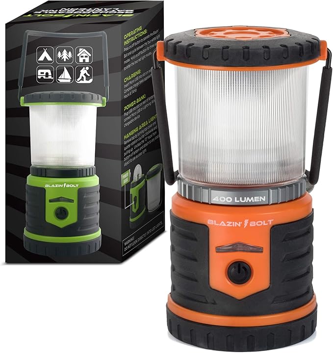 Blazin Bolt Rugged USB Rechargeable Lantern | 400 Lumen | 400 Hours of Light | 6000mAh Power Bank | 6 Modes | Camping, Emergency, Power Outage, Storm, Blizzard, Hurricane Survival