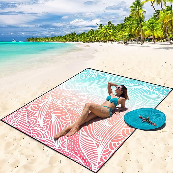 Beach Blanket Waterproof Sandproof Beach Mat 79" X 83" /10'x9'for 2-8 Adults Quick Drying Outdoor Picnic Mat Beach Accessories for Travel, Camping, Hiking