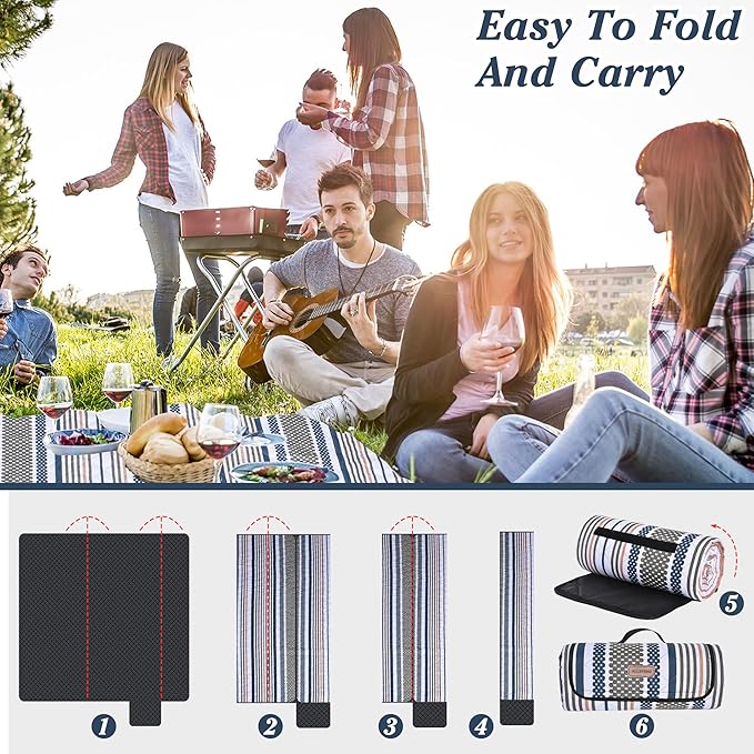 Oversized Waterproof Picnic Mat, Dustproof Washable Outdoor Beach Mat. Suitable for Camping, Outdoor, Beach, Party and Concert. (Dark Blue & Light Green, 80" * 60")