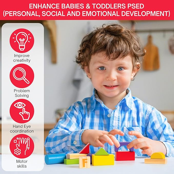 Alphabet Number Wooden Building Blocks Set -100 Blocks in 5 Water Paint Colors and 7 Shapes. Preschool Montessori Kids Baby Toys. Stacking Learning Toys for Toddlers. Age 18 Months +