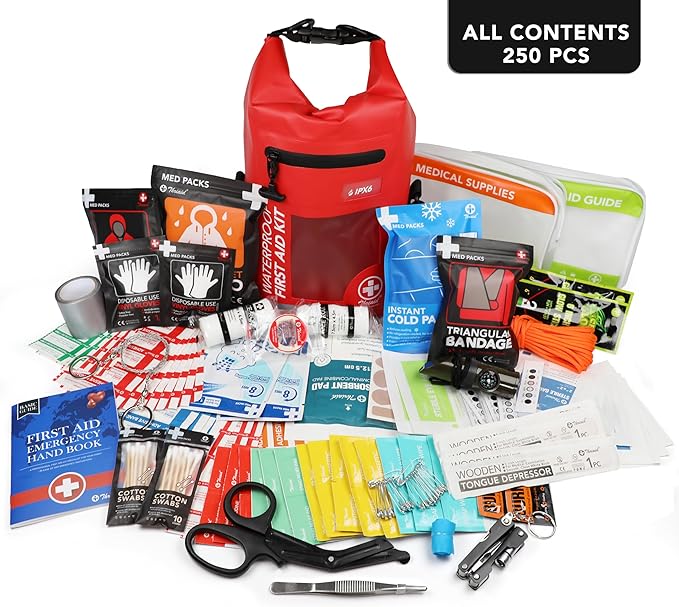 THRIAID 250 PCS Waterproof First Aid Kit, Roll Top Reflective Boat Dry Bag Bug Out Bag, Emergency Medical Kit Ideal for Boating, Camping, Fishing, Kayaking, Floating, Red