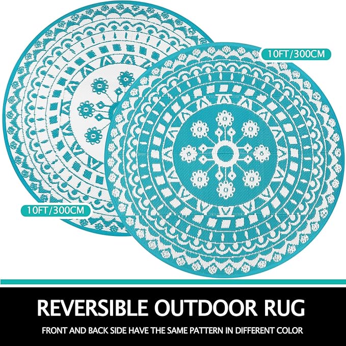 Capslpad 10Ft Round Outdoor Rug for Patio Clearance Boho Reversible Mat Waterproof Outdoor Plastic Straw RV Camping Rug Outside Circle Area Rug for Porch Deck Terrace Picnic Beach Apartment, Teal