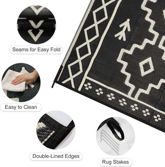 Uphome Outdoor Rugs 8x10 Waterproof, Reversible Black Boho RV Camping Rug, Patio Plastic Straw Outside Rug, Large Foldable Outdoor Mat Carpet for Backyard Deck Pool Balcony Picnic Beach, 8'x10'