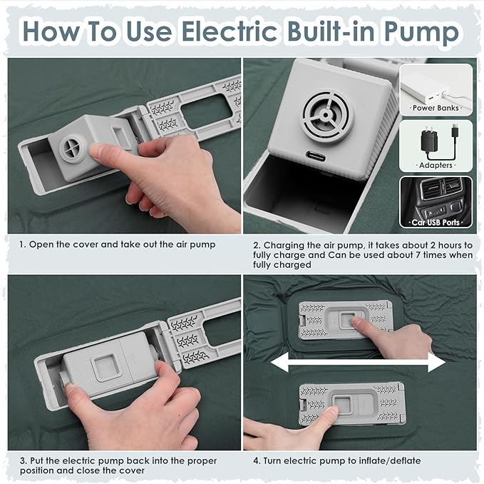 INVOKER Camping Sleeping Pad Foam Built-in Electric Air Pump 3.4" Ultra-Thick Self Inflating Sleeping Pad Fast Inflating in 20s Camping Mattress with Pillow for Car, Travel, Tent, Picnc