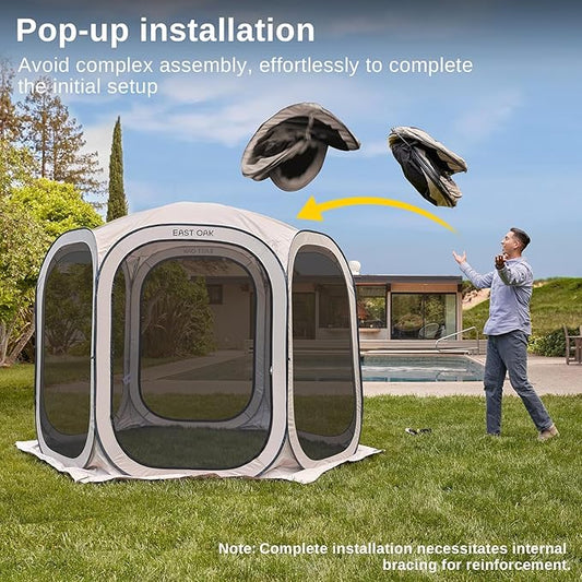 EAST OAK Screen House Tent Pop-Up, Portable Screen Room Canopy Instant Screen Tent 12 x 12 FT with Carry Bag for Patio, Backyard, Deck & Outdoor Activities, Brown