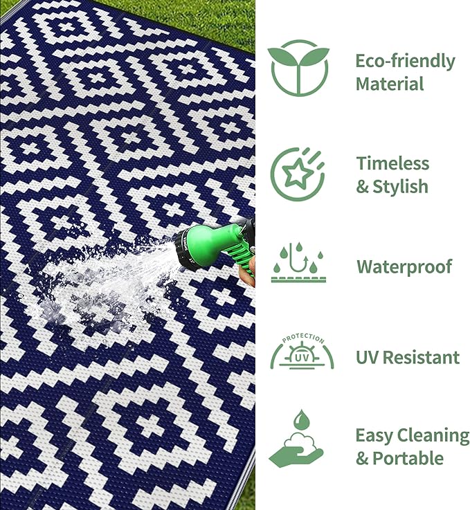 GENIMO Outdoor Rugs 8x10 Waterproof, Reversible Mats, Area Plastic Straw Rug, Outside Carpet, Geometric Rv Mat for Patio Camping Rv Picnic Backyard Deck Balcony Porch Beach Trailer (Navy Blue & White)