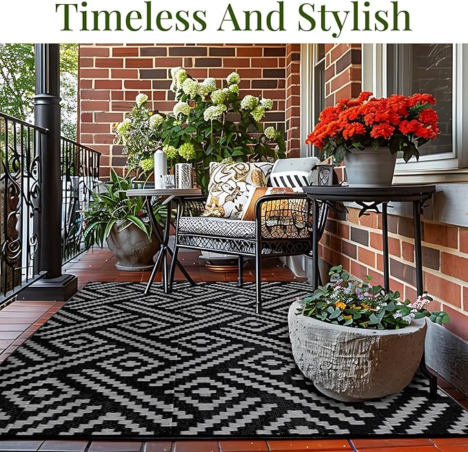 OPPODREAM Outdoor Rug 8x10 Patio Waterproof, Large Outdoor Plastic Straw Rug, Reversible Out Door Carpet for Camping, Deck, Rv, 8 x 10 Area Carpet for Balcony, Porch, Backyard, Black and Grey