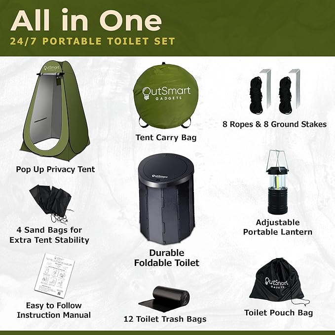 Outdoor Portable Toilet Set for Adults with Camping Night Lantern, Folding XL Toilet, Pop Up Privacy Tent and Carry Bags, Multipurpose Potty, Washable and Foldable for RV Travel