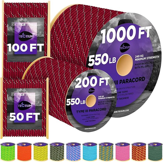 TECEUM Heavy Duty Rope 1000 – 1000ft / 200ft / 100ft / 50ft – 40+ Colors – Utility Rope for Survival & Camping Gear – Nylon String, Camping Rope, para Cord, Utility Nylon Rope, Tent Cord