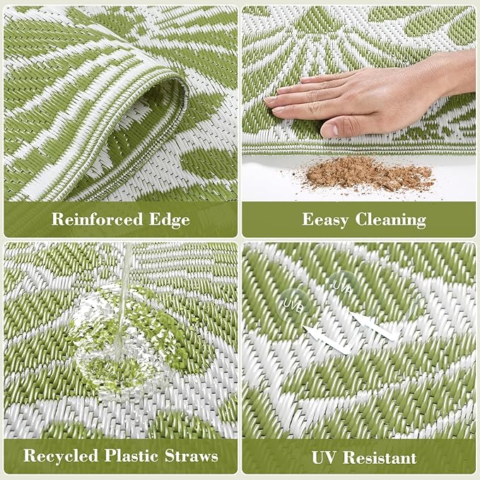 Lahome Outdoor Plastic Straw Camping Rugs, Waterproof 6x9 Outdoor Patio Rugs, Reversible Portable Outside Carpets for Beach Camping Picnic Rv, Pale Green,6'x9'