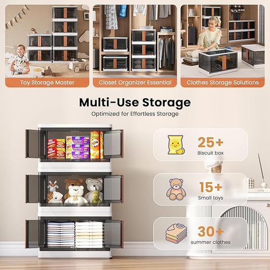 8.4Gal Collapsible Storage Bins with Lids & Wheels - 4 Pack Stackable with Doors, Heavy-Duty Plastic Containers for Home/Office, White