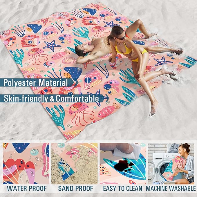 Beach Blanket Sandproof Waterproof 78''×81''1-5Adults Oversized,Compact Lightweight Durable Beach Mat for Travel Camping Hiking Picnic Blanket
