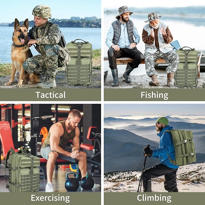 45l Large Fishing Tackle Backpack with Removable Plier Holder & Rod Holders, Green Tactical Bag, Fishing Gear and Tackle Box Organizer, Hiking Rucksack without Tackle Box