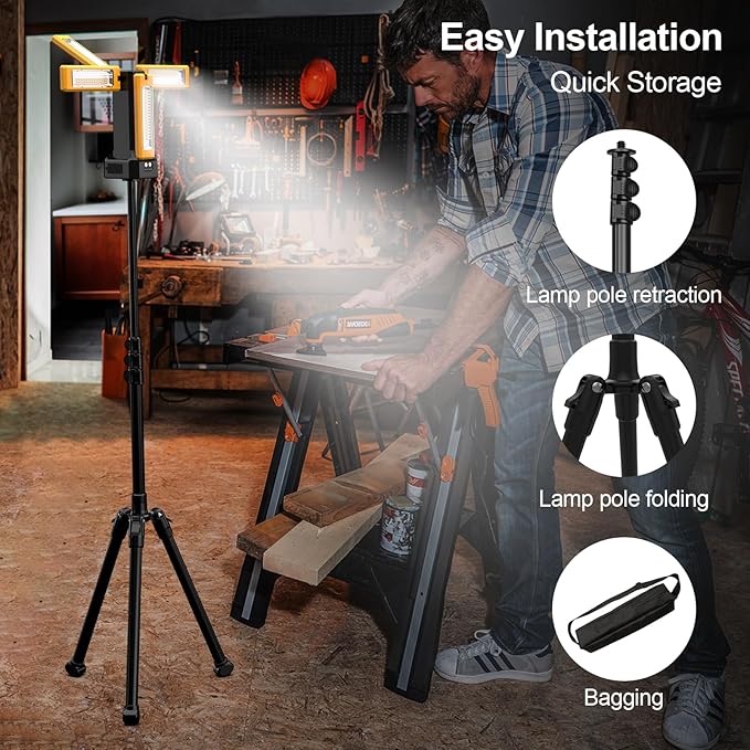 13200mAh Rechargeable Solar Work Light with Folding Stand Support and Portable Carrying Bag, 8000 Lumen Stepless Dimmable, 4 Lighting Modes, White/Warm/Warm White (Standard)