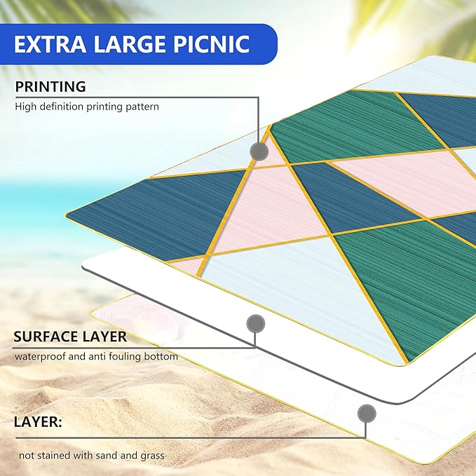 Picnic Blanket, Foldable Waterproof Sand Mat,80" x 80" Extra Large Picnic Blanket,Outdoor Mat Beach Blanket for Camping Hiking Travel Family Concerts