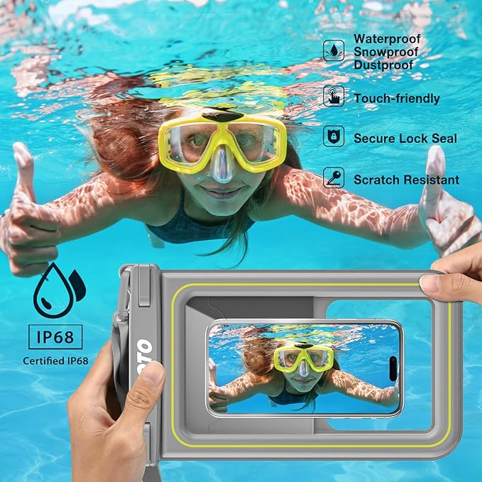 JOTO [IP68 Floatable Large Floating Waterproof Phone Pouch Up to 10", Underwater Phone Case Cellphone Dry Bag for iPhone 16 15 14 13 12 11 Pro Max Xs Max XR X 8 7 Plus SE/Galaxy S24 S23 S22 -Grey