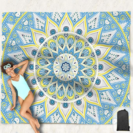 Beach Blanket Waterproof Sandproof Oversized 95”x 80”,Sand Free Beach Mat with Corner Pockets,Portable Mesh Bag for Beach Festival,Picnic,Travel and Outdoor Camping (Oceansunyellow)