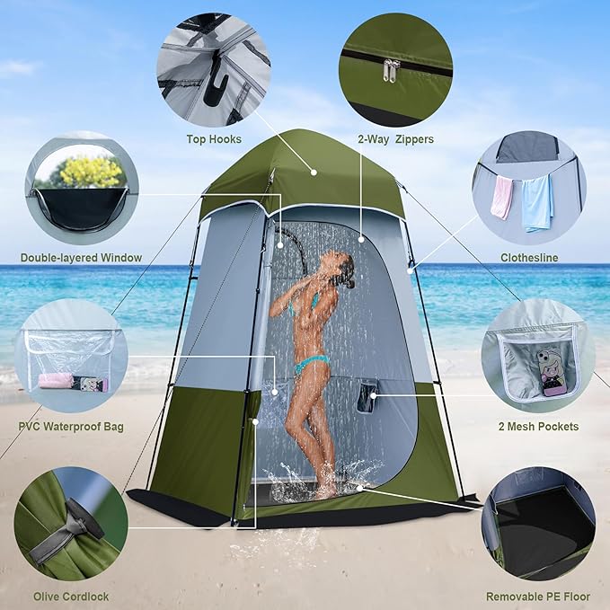 Camping Shower Tent, Oversize Pop Up Changing Tent, Portable Outdoor Bathroom Toilet Tent with Floor, Easy Set Up Privacy Shelter for Dressing, Hiking, Fishing, UPF50+