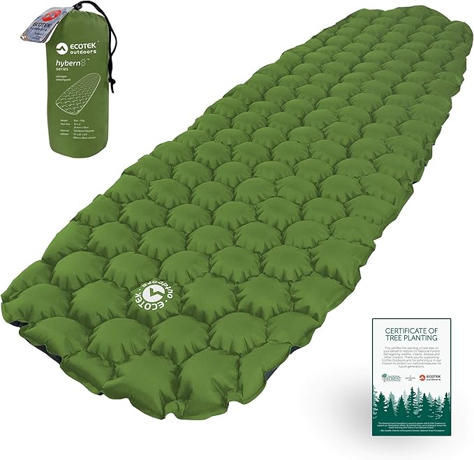 ECOTEK Outdoors Hybern8 Ultralight Inflatable Sleeping Pad with Contoured FlexCell Honeycomb Design - Easy to Inflate, Comfortable, Lightweight, Durable, and Hammock Approved [Evergreen]