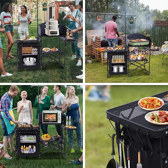 Nice C Camping Kitchen Station, Folding Table & Organizers, Upgrade Light Stand and Windshield Cooking Station, Carry Bag for Beach, Picnic (Black)
