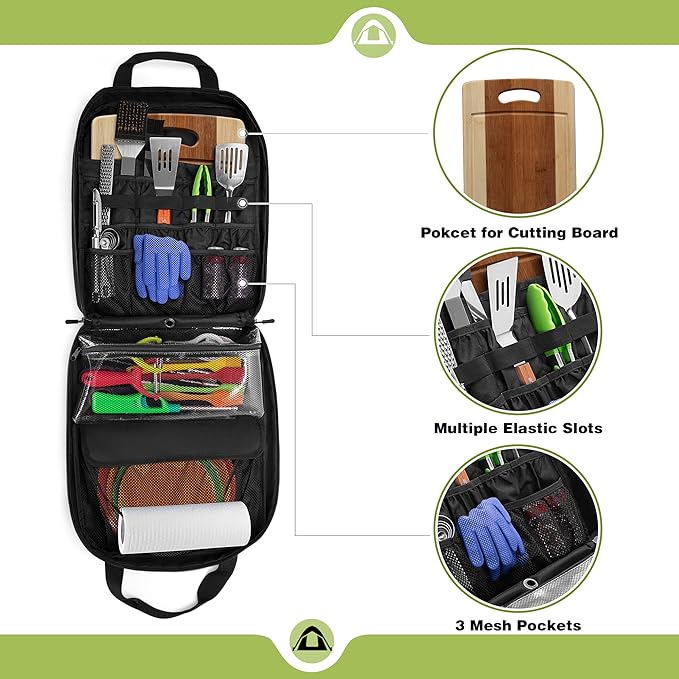 Hanging Camp Utensil Organizer with Towel Paper Holder, Portable Camping Kitchen Cookware Bag for Knives, Forks, Spoons & More, Outdoor Cooking Tools Storage Box for Travel & Hiking, Bag Only