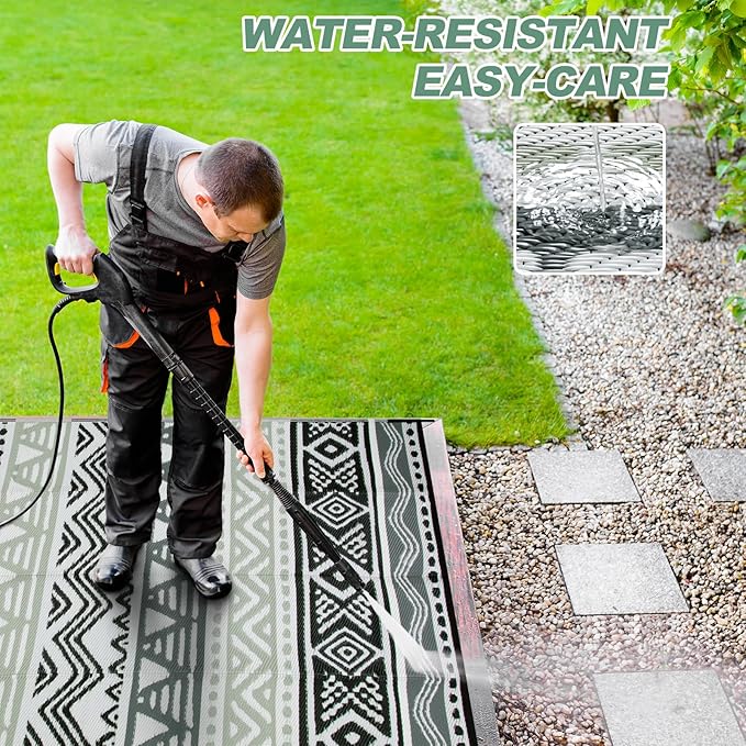 Lahome Outdoor Rug Waterproof, 5x8ft Reversible Outdoor Plastic Straw Rug for Camping, RV Patio Rugs Outside Carpet for Porch Deck Backyard Balcony Picnic(Grey/Black,5'x 8')