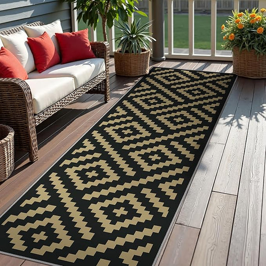 Indoor Outdoor Area Rug 2.5'x8' Waterproof for Patio, Washable Rugs Non Slip, Foldable Outdoor Camping Carpet Mat for RV, Porch, Balcony, Deck, Backyard, Picnic, Black & Brown
